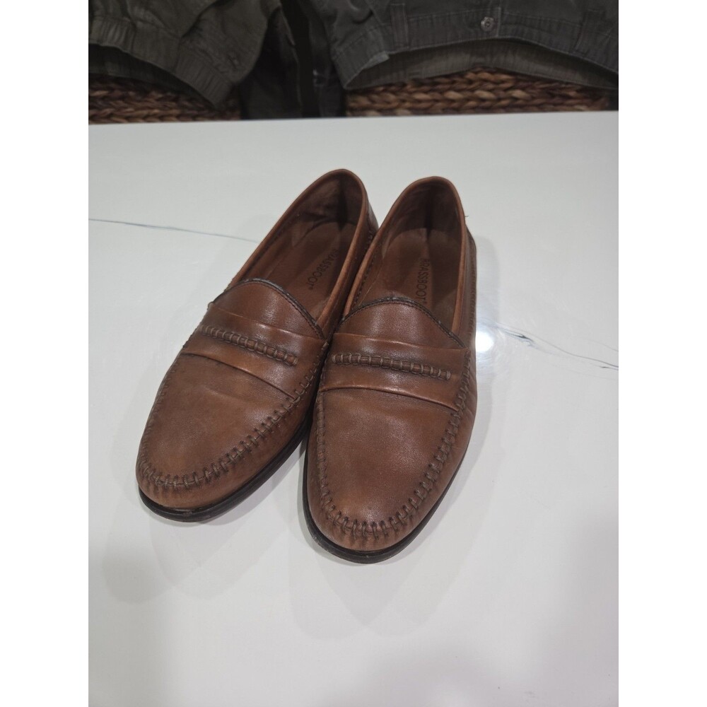 Brass Boot Men's 9.5 Cognac Brown Leather Slip On Braided Penny Loafers SB9